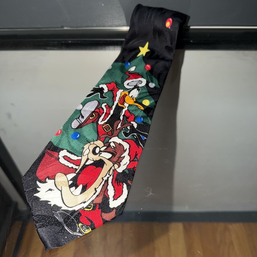 Vintage Looney Tunes Tie Mens One‎ Size Black Silk Taz Daffy Christmas 90s